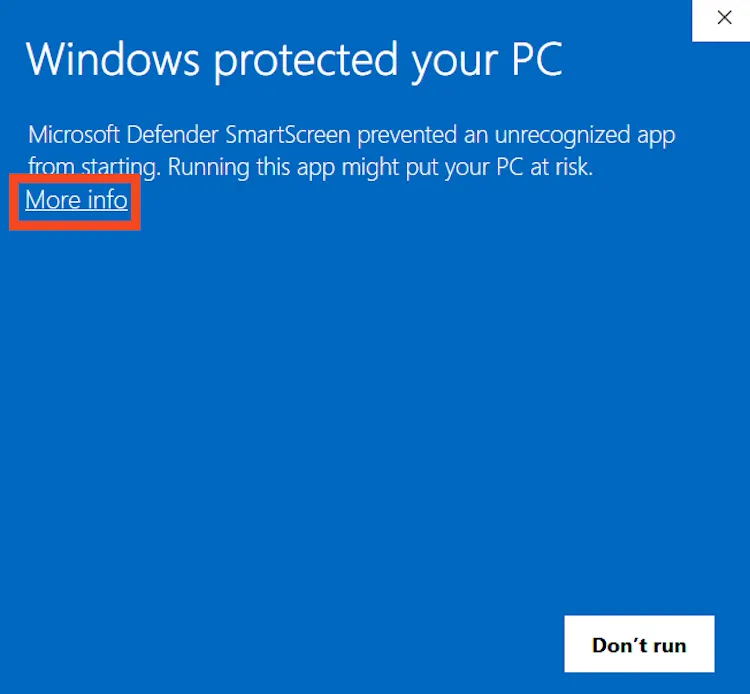Cảnh báo ứng dụng không nhận dạng được của Windows Defender.