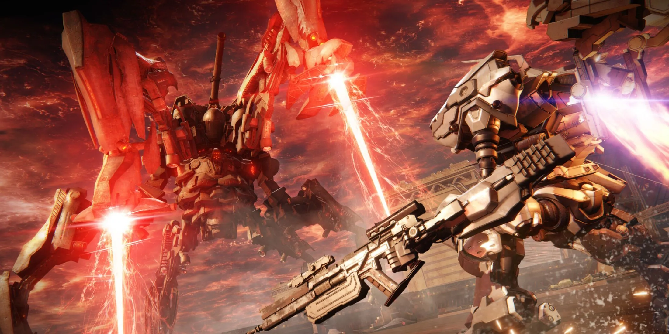 Cảnh chiến đấu giữa các mech trong Armored Core 6: Fires of Rubicon, với lối chơi tập trung vào tầm xa.