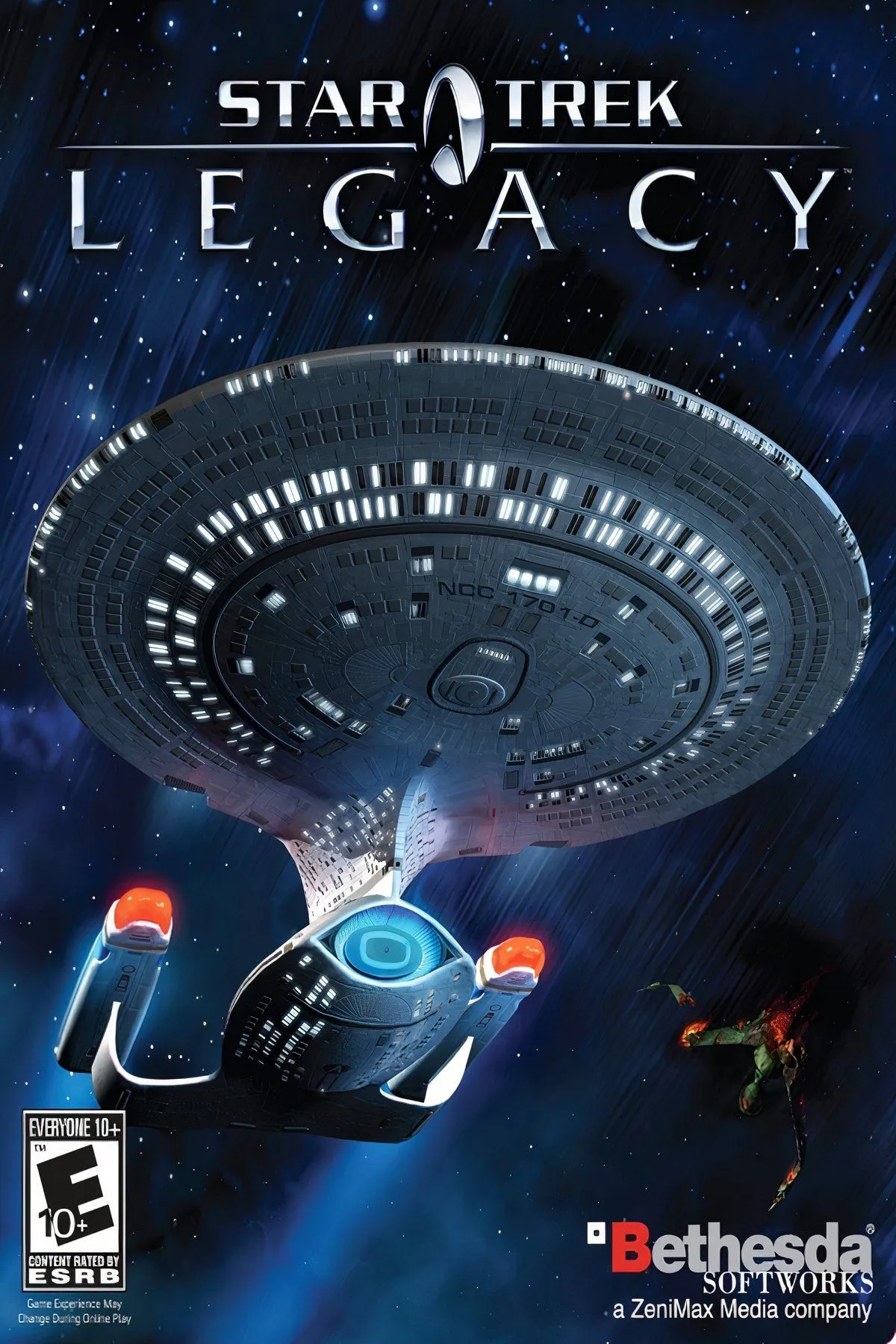 Cảnh chiến đấu không gian với nhiều tàu vũ trụ và hiệu ứng năng lượng trong Star Trek: Legacy.