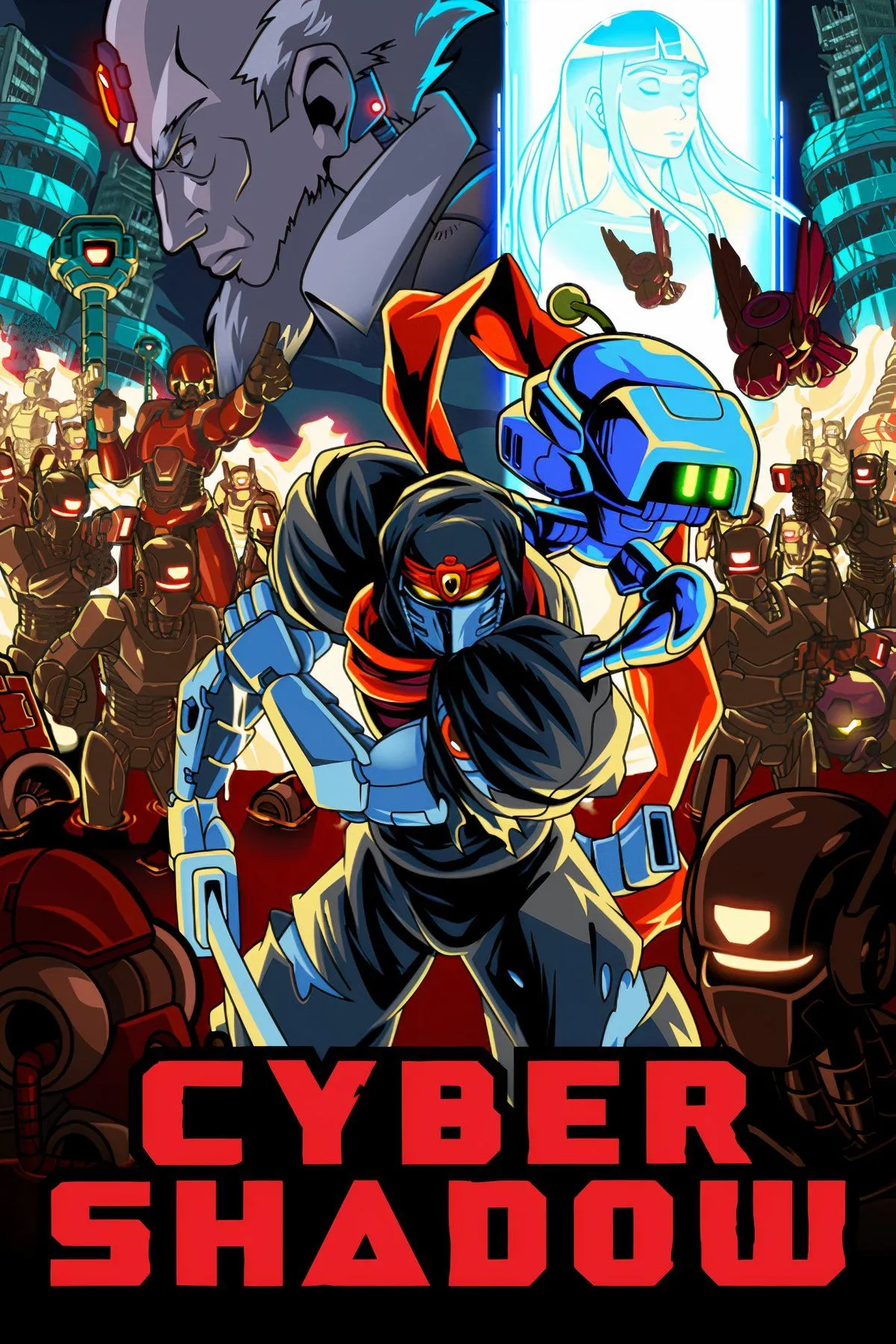 Cảnh gameplay cận chiến giữa nhân vật ninja và kẻ thù trong Cyber Shadow, mang phong cách đồ họa 8-bit.