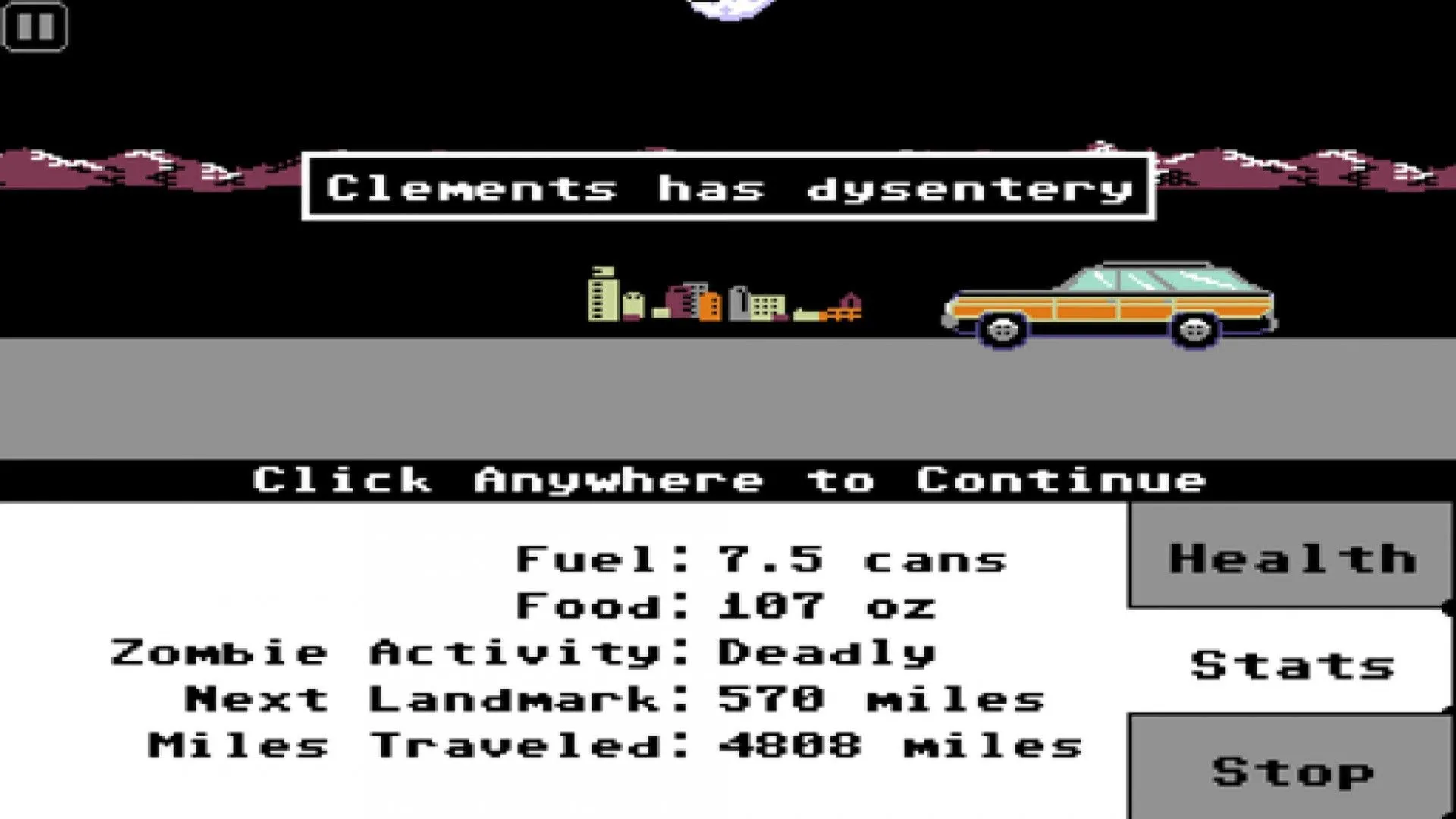 Cảnh gameplay của Organ Trail với xe cộ và zombie trên đường, thể hiện lối chơi sinh tồn.