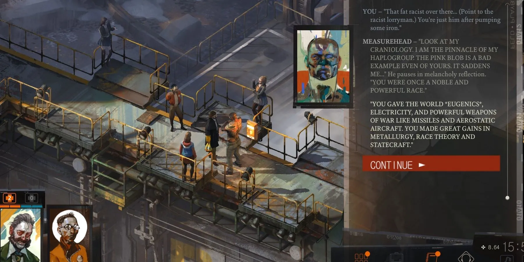 Cảnh gameplay Disco Elysium, một game RPG isometric với lối kể chuyện độc đáo trên Chromebook.