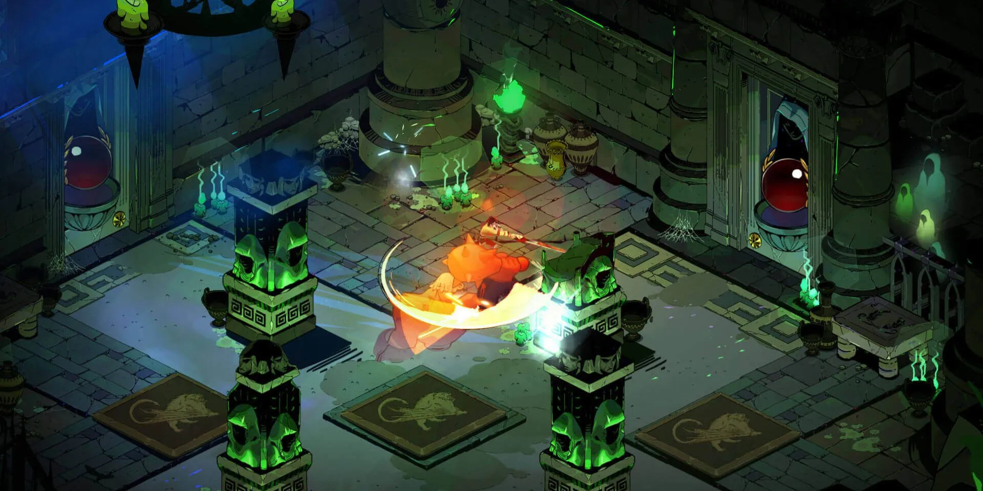 Cảnh gameplay Hades, một tựa game roguelite hành động từng đoạt giải thưởng, chạy mượt trên Chromebook Plus.