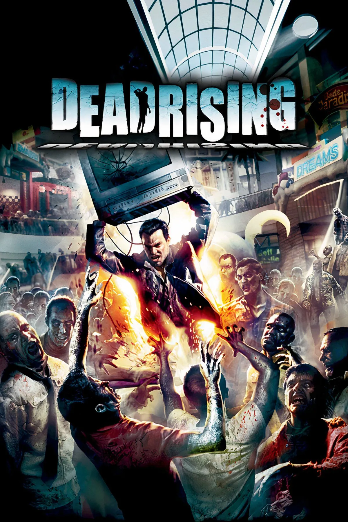 Cảnh hỗn loạn bên trong trung tâm mua sắm trong Dead Rising, với nhân vật chính đối mặt với zombie và sử dụng các vật phẩm xung quanh.