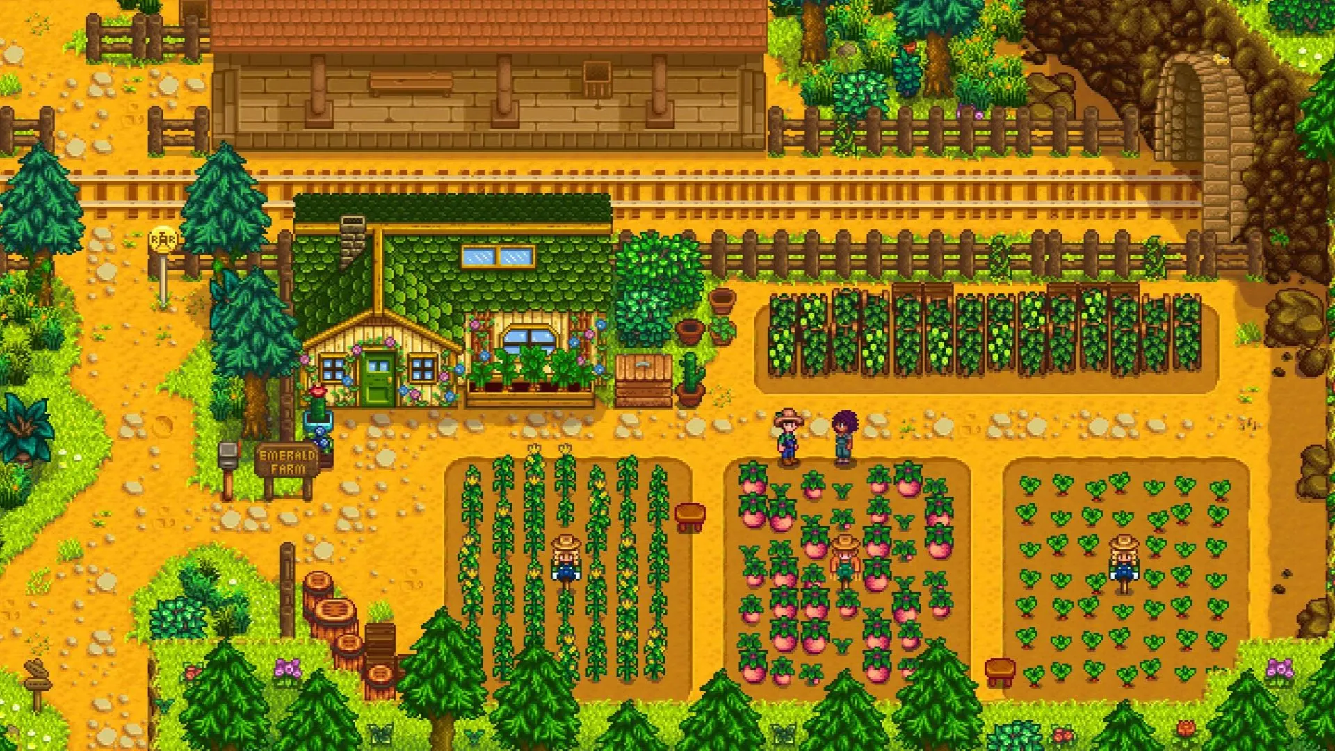 Cảnh nông trại và nhân vật trong Stardew Valley, nơi ẩn chứa bí ẩn về cha của Abigail.