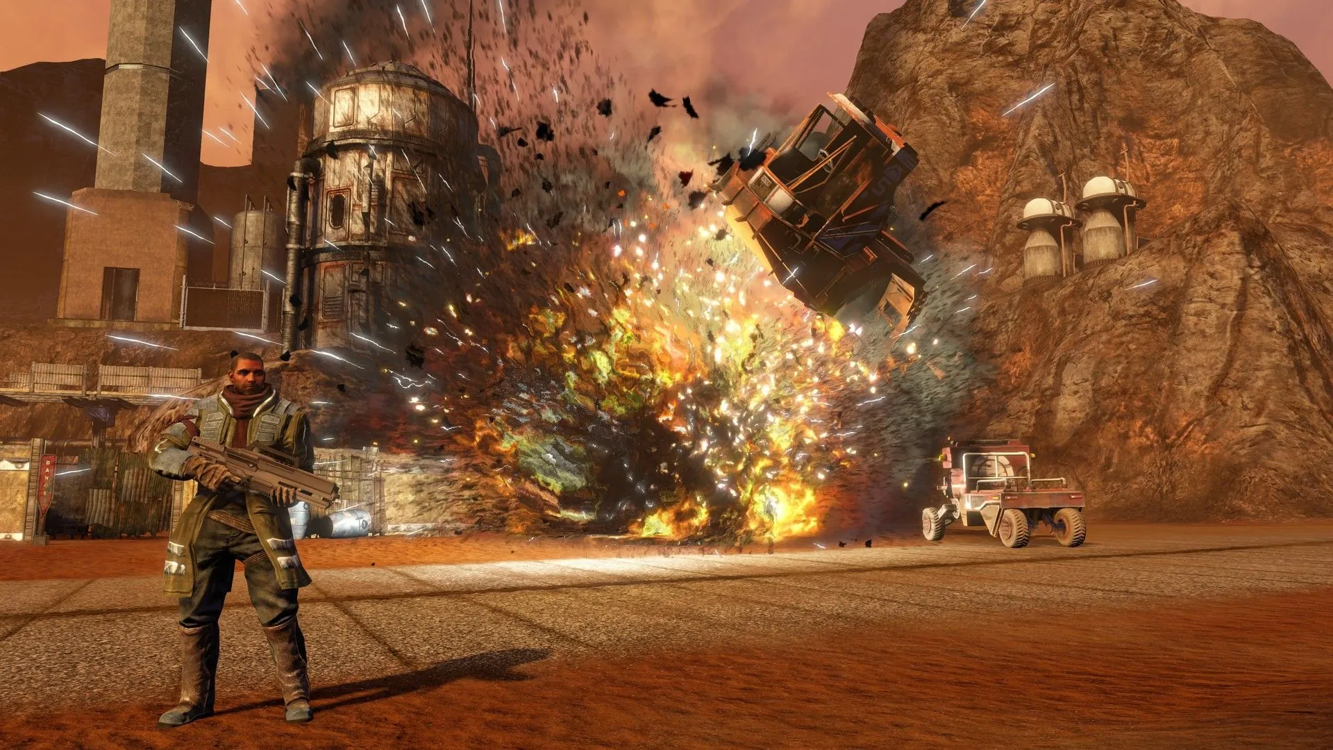 Cảnh phá hủy công trình và địa hình ấn tượng trong game Red Faction, minh họa engine Geo-Mod