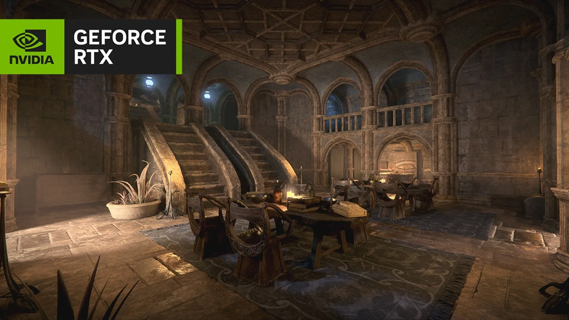 Cảnh sảnh ăn trong game Morrowind với đồ họa được nâng cấp bằng RTX Remix, cho thấy sự cải thiện về ánh sáng và chi tiết kiến trúc.