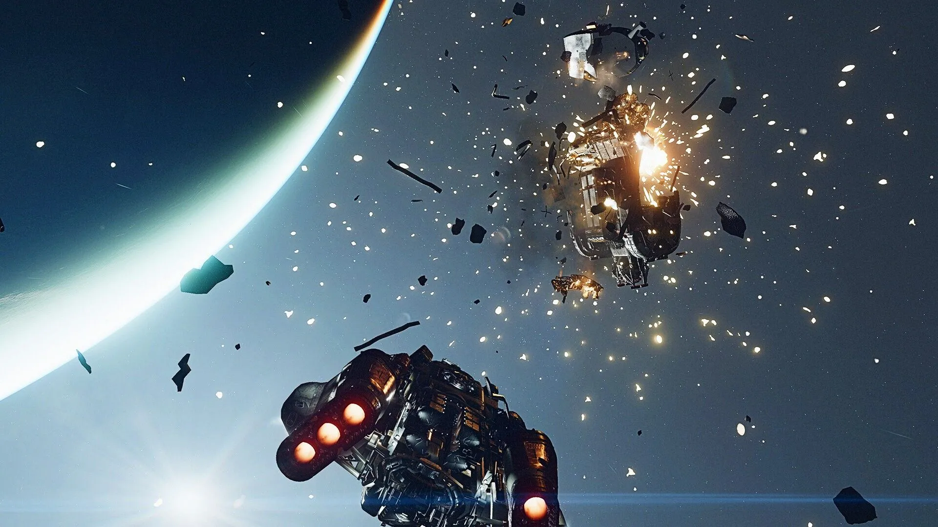 Cảnh tàu vũ trụ chiến đấu dữ dội trong game Starfield.