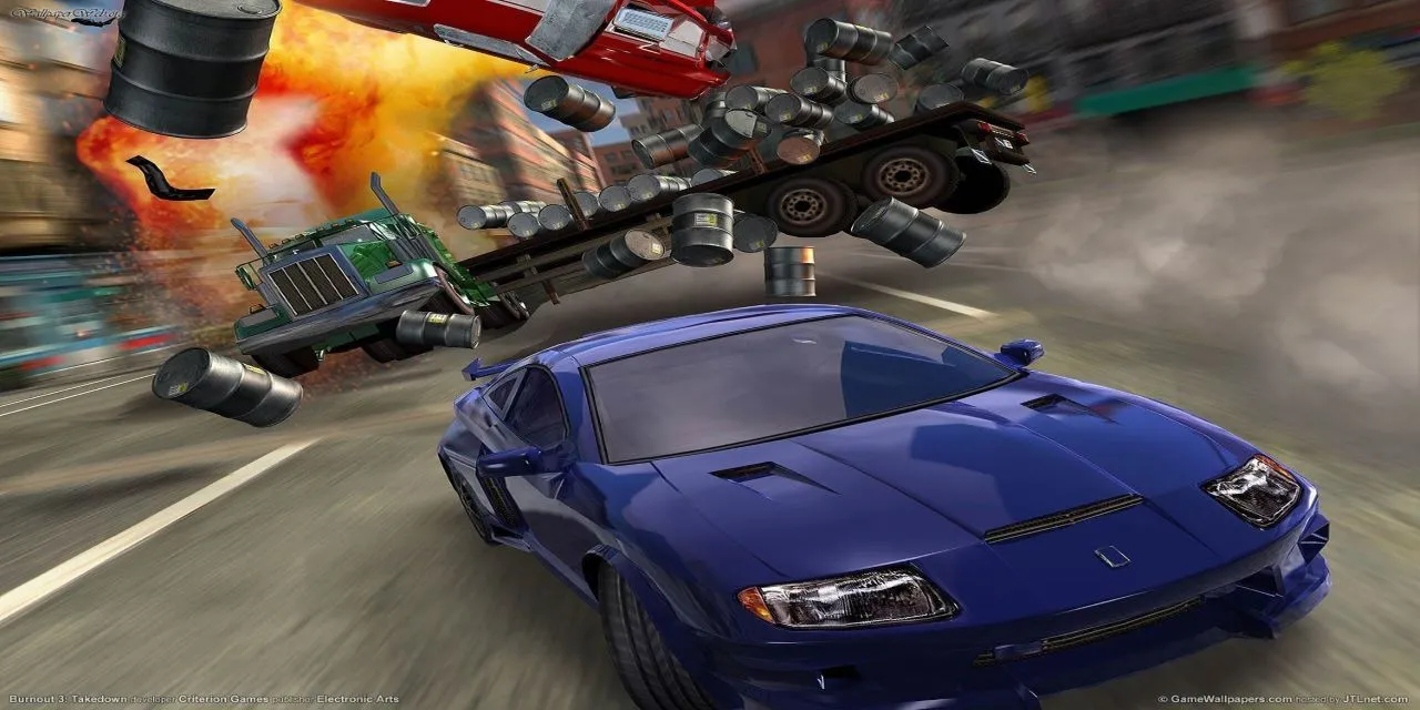 Cảnh xe bị đẩy văng trong chế độ Takedown của Burnout 3, minh họa cơ chế loại bỏ đối thủ kịch tính