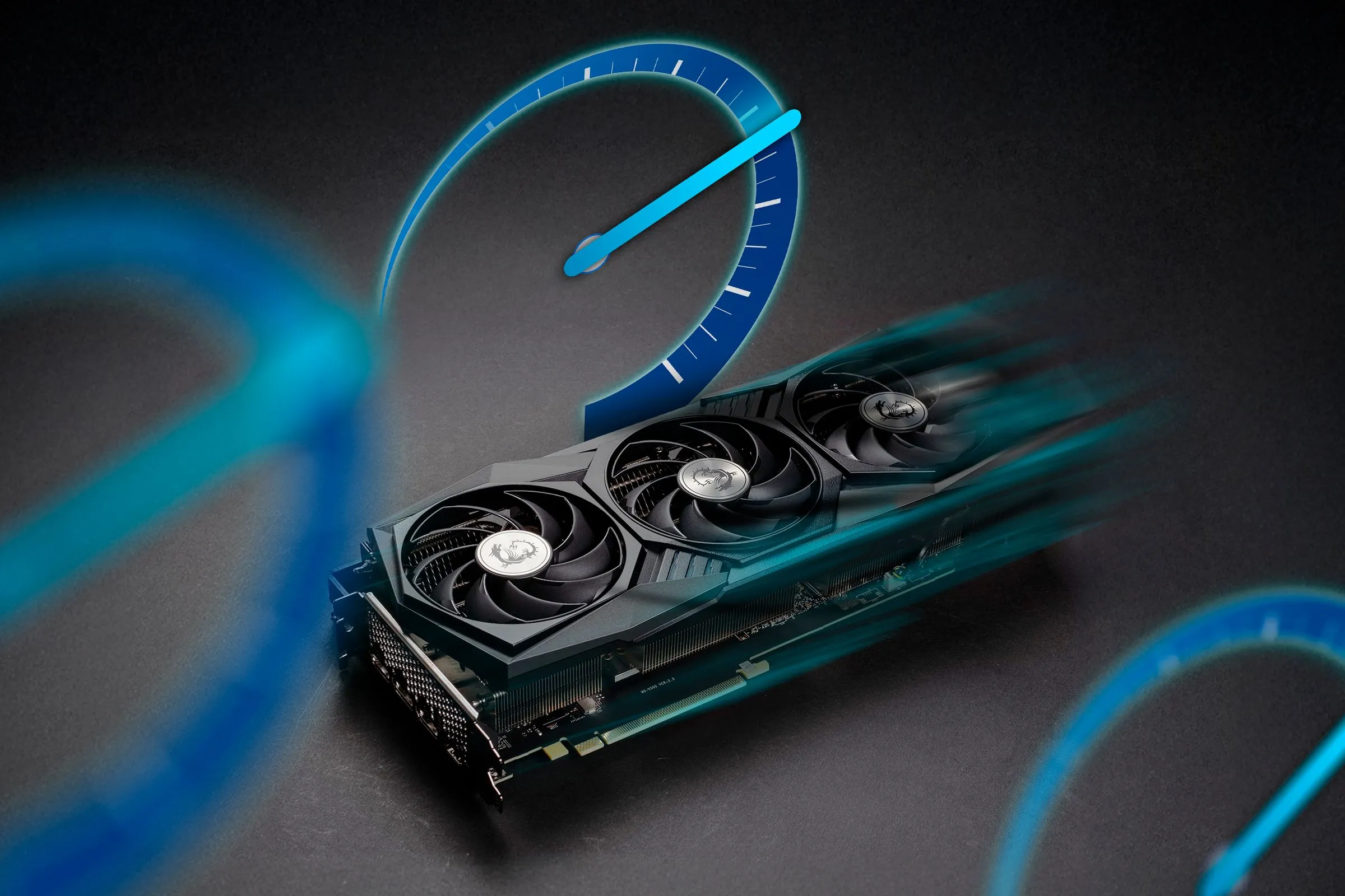 Card đồ họa GPU với hiệu ứng chuyển động và đồng hồ đo, biểu thị tốc độ xử lý và hiệu suất cao.
