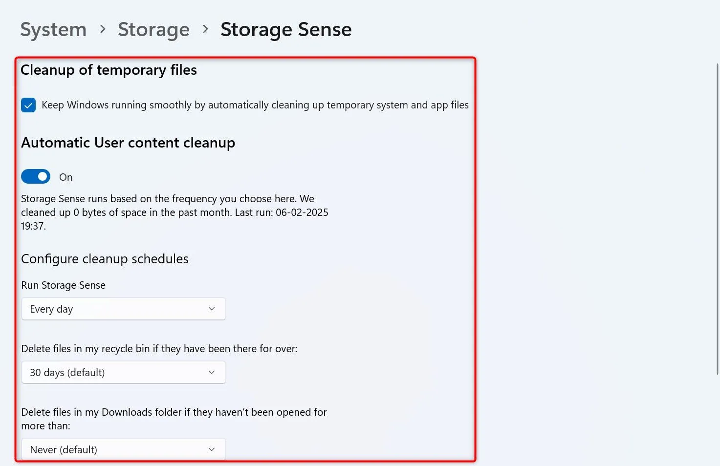 Cấu hình các tùy chọn dọn dẹp tự động của Storage Sense