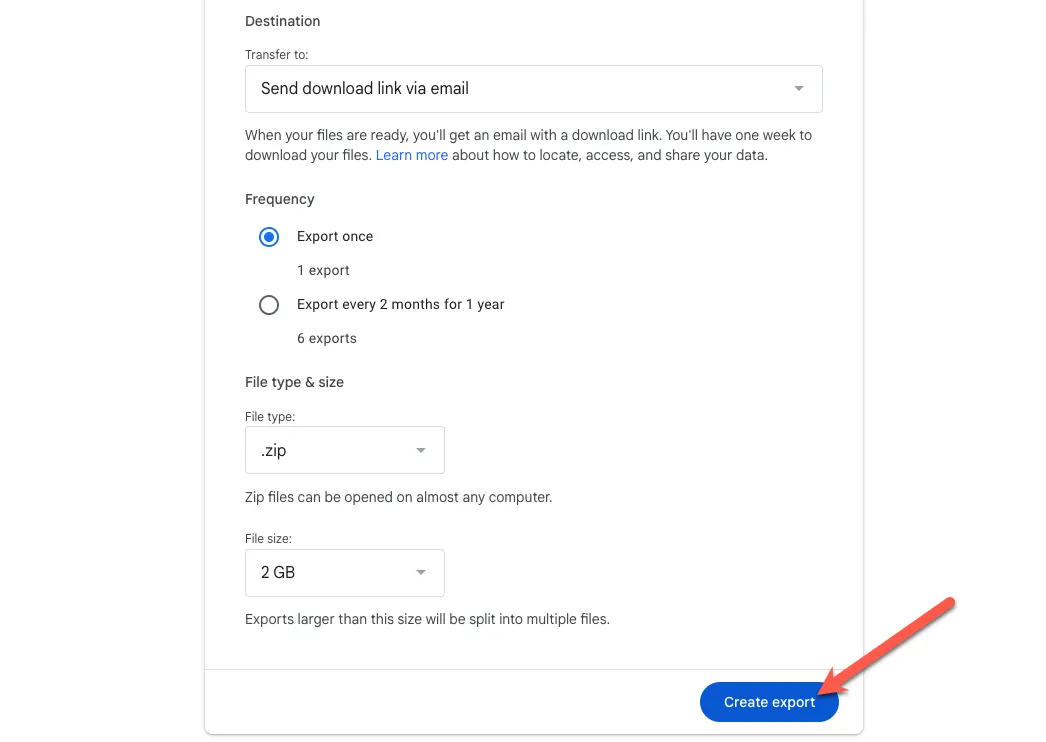 Cấu hình các tùy chọn xuất dữ liệu từ Google Takeout, đảm bảo chọn định dạng tệp .zip.