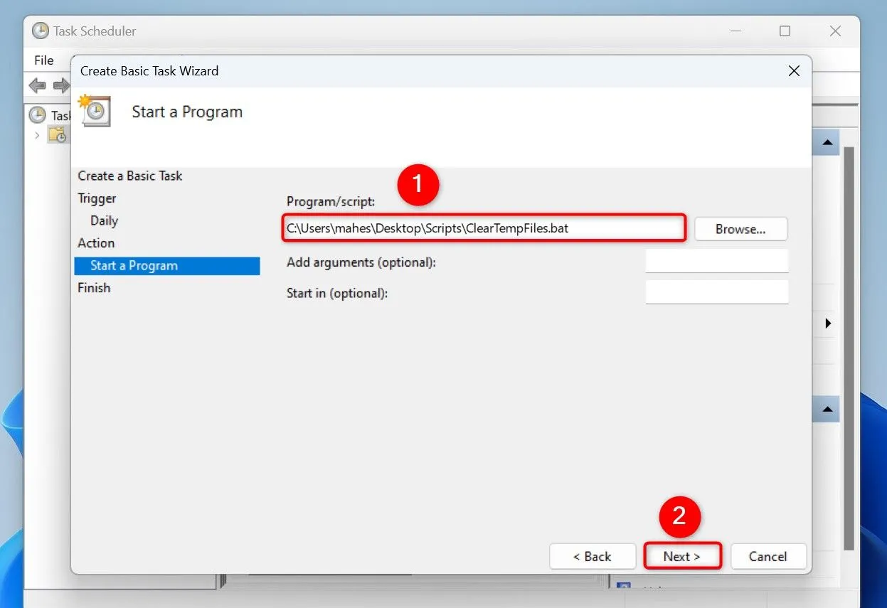Chỉ định đường dẫn đến file ClearTempFiles.bat trong Task Scheduler