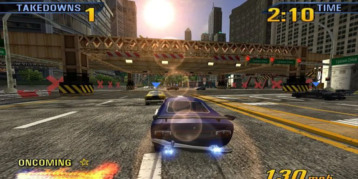 Chiếc xe bị hư hại nặng sau một pha va chạm trong Burnout 3 Takedown, biểu tượng cho gameplay bạo lực