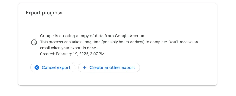 Chờ đợi quá trình Google Takeout chuẩn bị tệp lưu trữ dữ liệu tài khoản của bạn.
