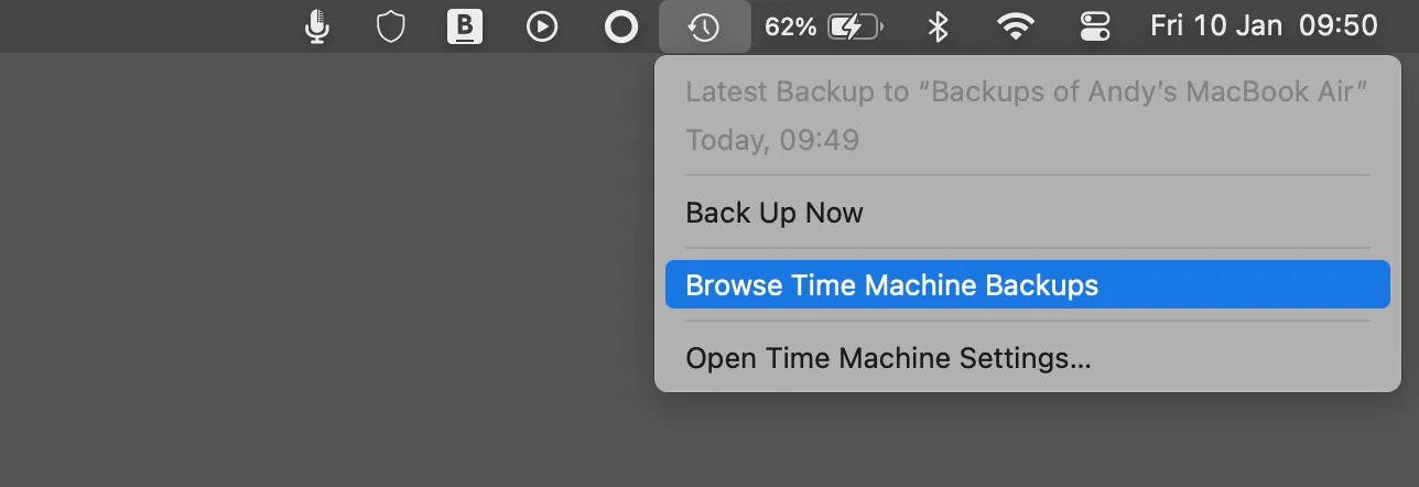 Chọn &quot;Browse Time Machine Backups&quot; để duyệt và khôi phục các tệp đã sao lưu.
