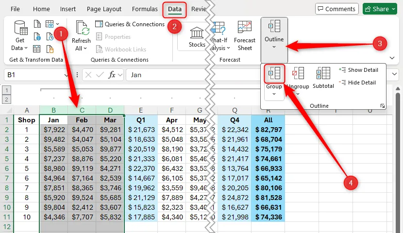 Chọn các cột từ B đến D trong Excel để nhóm con, và nút &quot;Group&quot; trong thẻ &quot;Data&quot; được đánh dấu.