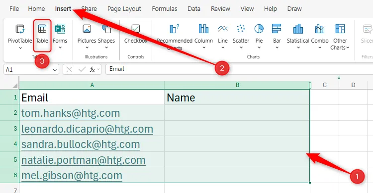 Chọn dữ liệu và nhấn nút &quot;Table&quot; trong tab Insert để định dạng bảng trong Excel cho Web.