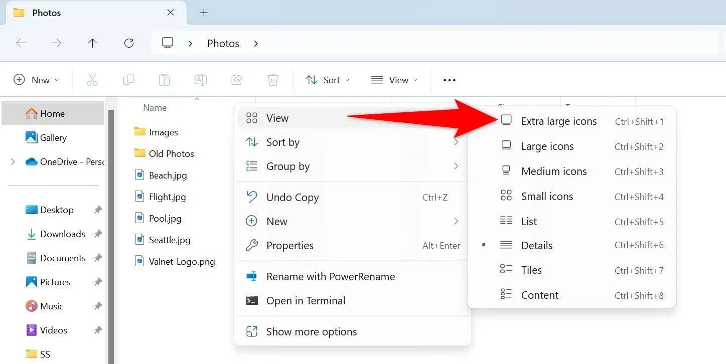 Chọn Extra Large Icons trong menu View của File Explorer để phóng to biểu tượng file