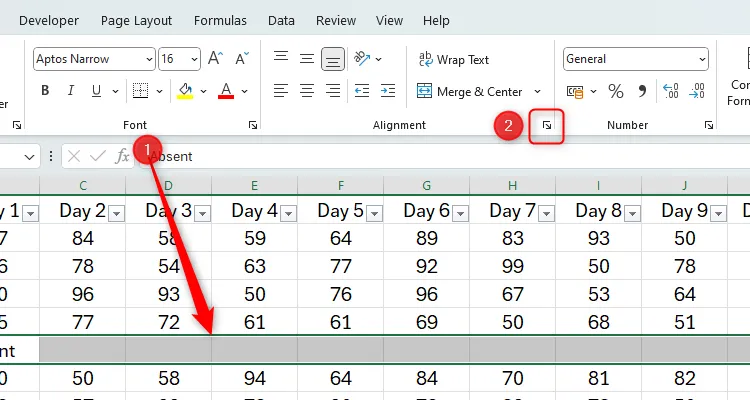 Chọn một hàng trong Excel và làm nổi bật biểu tượng Alignment để mở hộp thoại Format Cells, bước đầu áp dụng Center Across Selection.