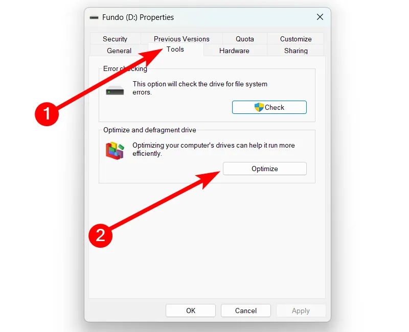 Chọn &quot;Optimize&quot; trong tab Tools của cửa sổ thuộc tính ổ đĩa trên Windows 11 để bắt đầu quá trình chống phân mảnh HDD.