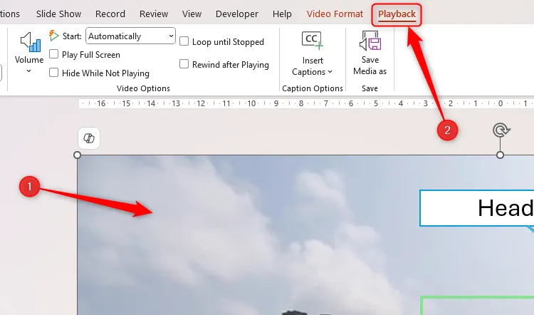 Chọn video trong PowerPoint và tab Playback trên thanh Ribbon được mở