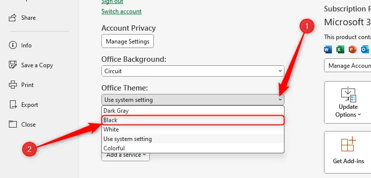 Chủ đề Office màu đen được chọn trong cài đặt tài khoản Excel.