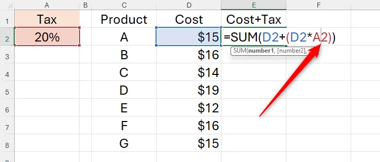 Con trỏ đặt giữa tham chiếu ô A2 trong công thức Excel