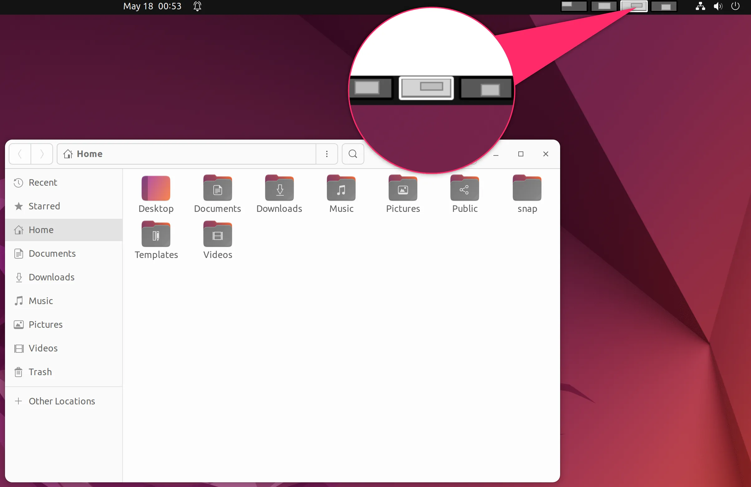 Công cụ chuyển đổi màn hình ảo trên thanh panel của Ubuntu 22.04