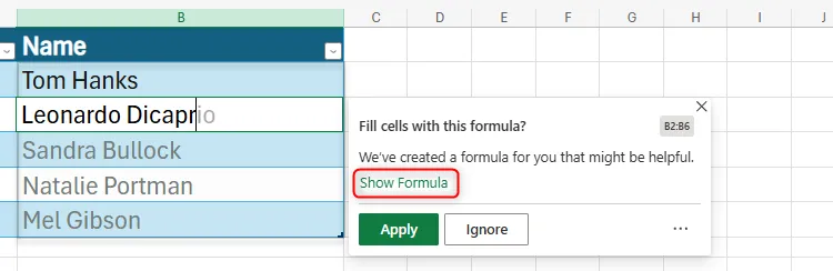 Công cụ Formula by Example đang hoạt động trong Excel cho Web, hiển thị tùy chọn &quot;Show Formula&quot;.