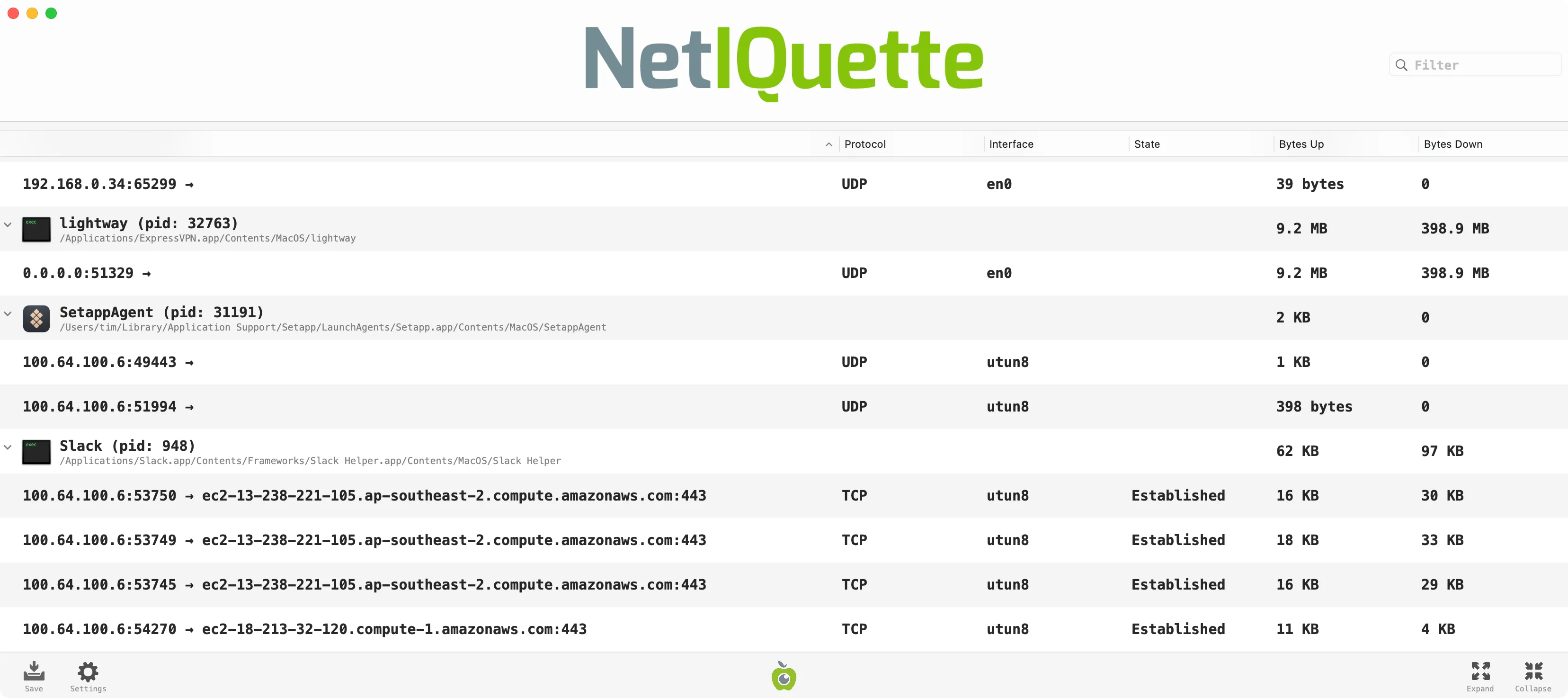 Công cụ giám sát lưu lượng mạng NetIQuette tích hợp trong LuLu, hiển thị các ứng dụng đang giao tiếp với máy chủ từ xa.