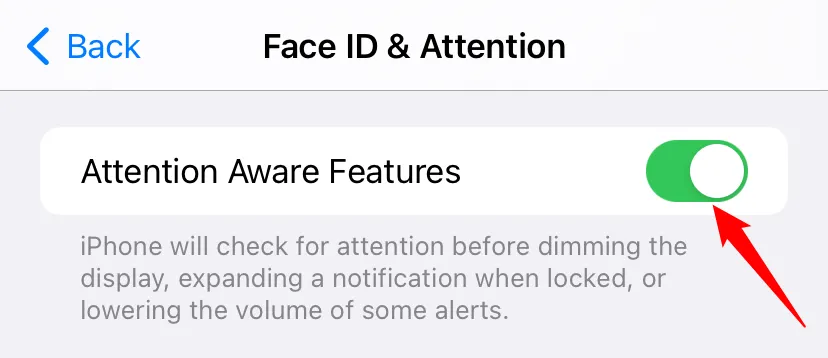 Công tắc Tắt/Bật tính năng Nhận biết sự chú ý trong cài đặt Face ID &amp; Sự chú ý