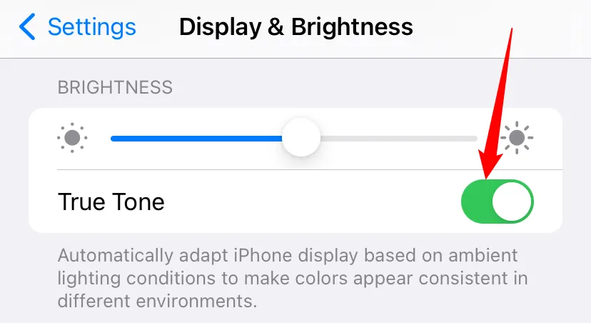 Công tắc tắt/bật tính năng True Tone trên cài đặt Màn hình &amp; Độ sáng iPhone