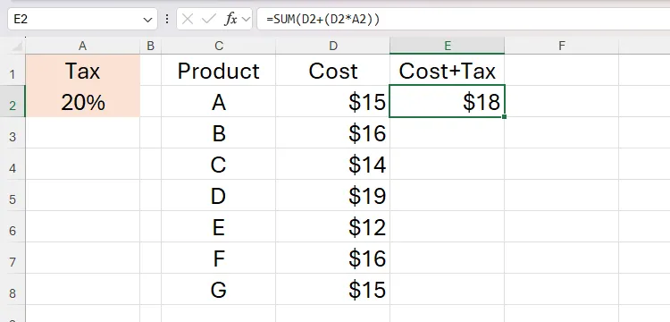 Công thức Excel tính 20 phần trăm thuế cho sản phẩm