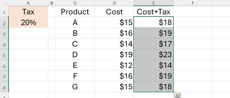 Công thức tham chiếu tuyệt đối trong Excel được điền tự động xuống các hàng còn lại