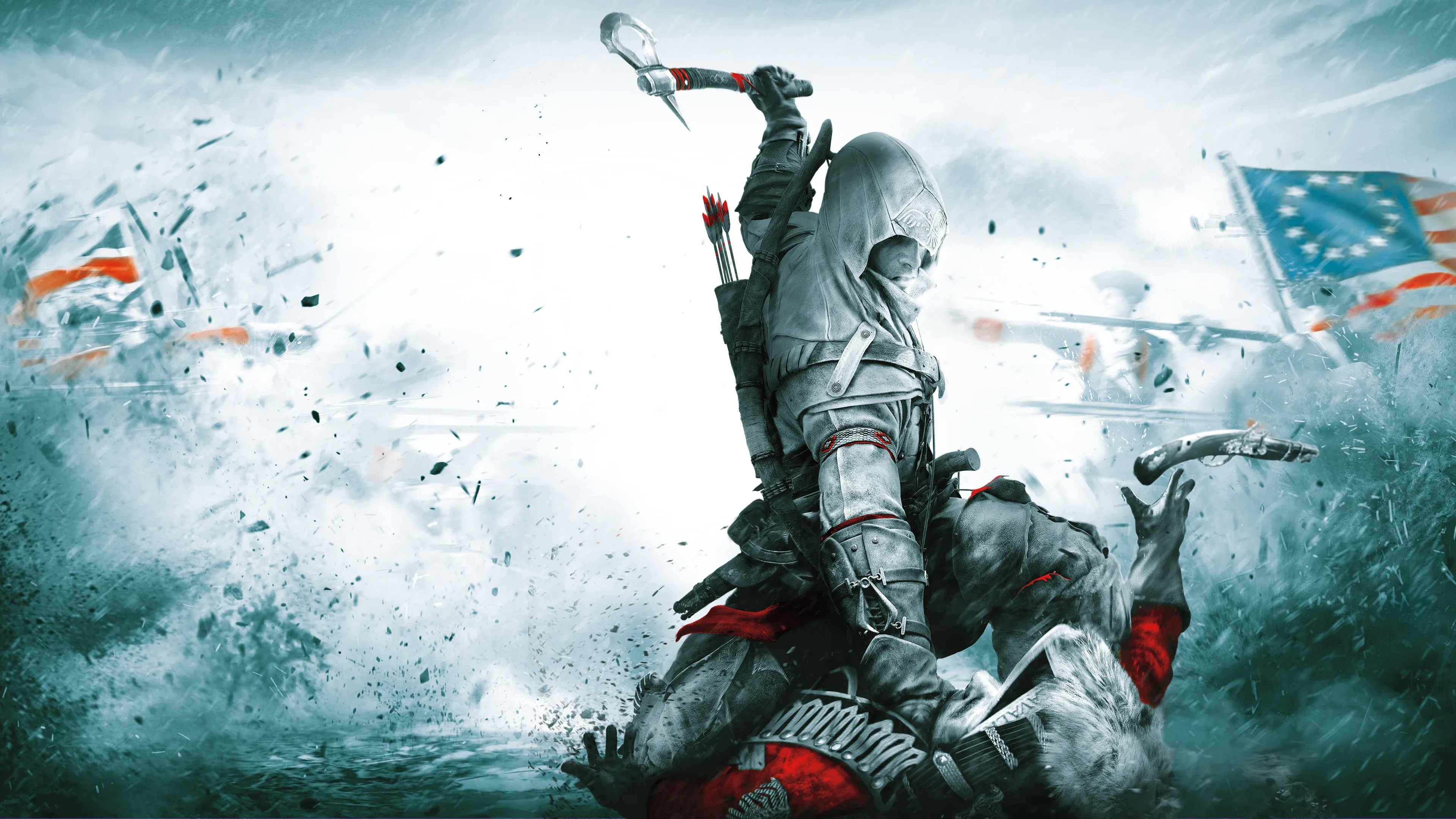Connor Kenway (Ratonhnhaké:ton) với chiếc rìu tomahawk trong Assassin's Creed III, bối cảnh Cách mạng Mỹ