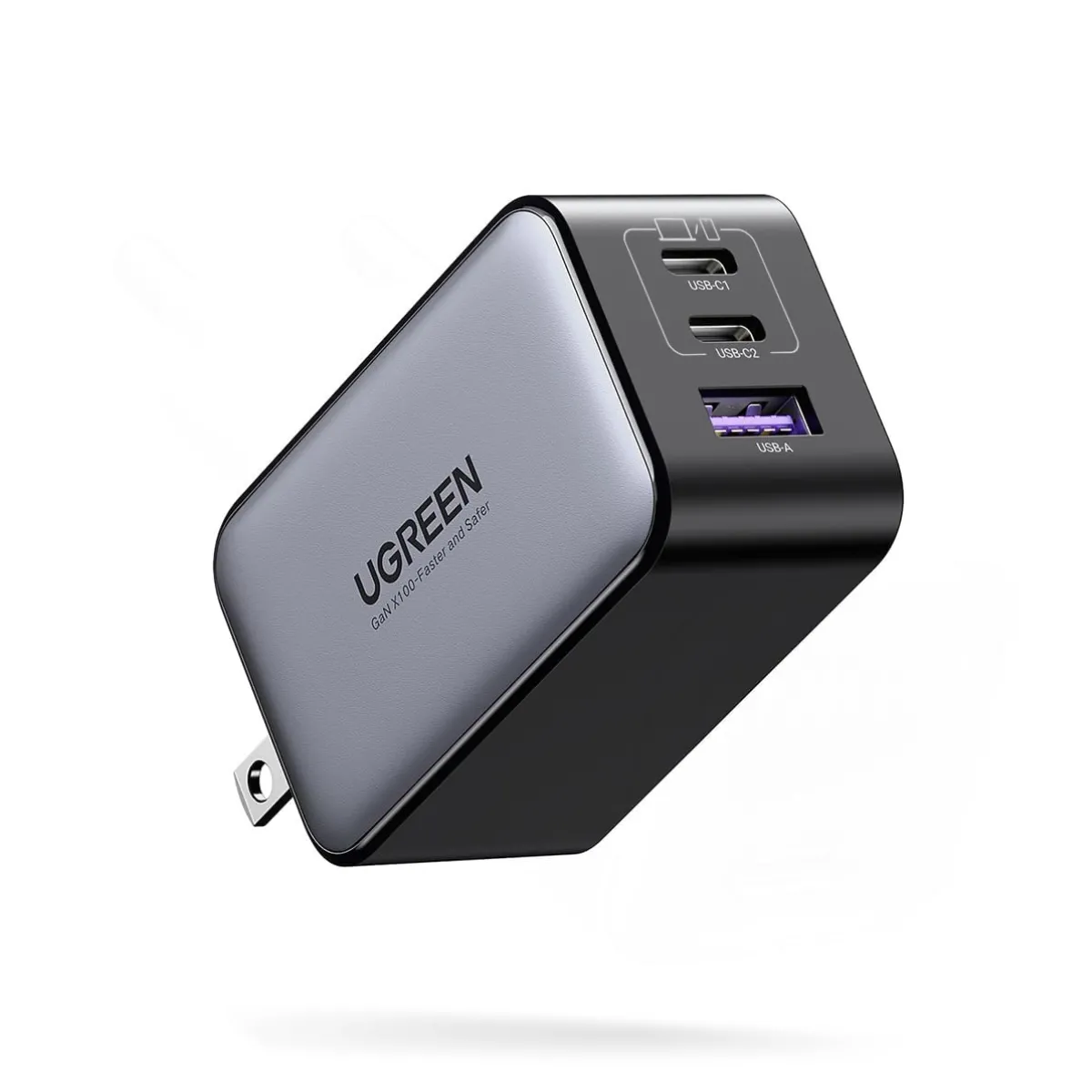 Củ sạc Ugreen Nexode Pro 65W USB-C màu đen với thiết kế nhỏ gọn và các cổng sạc USB-C và USB-A.