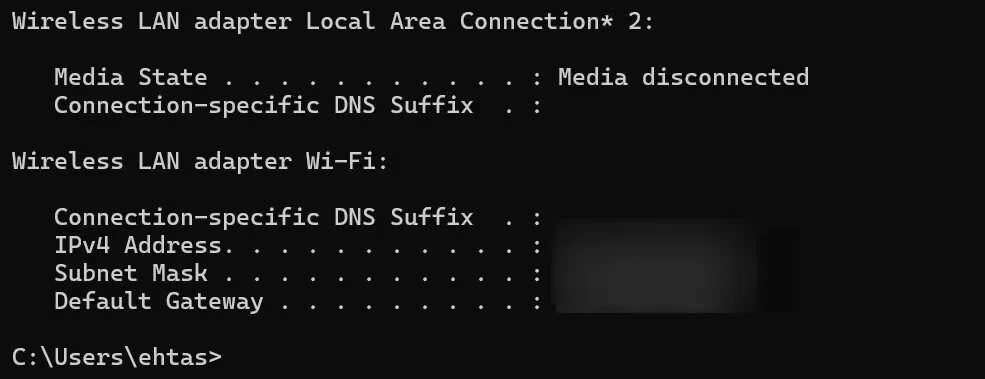 Cửa sổ Command Prompt hiển thị địa chỉ IPv4, cần thiết để thiết lập kết nối Remote Desktop với máy chủ.