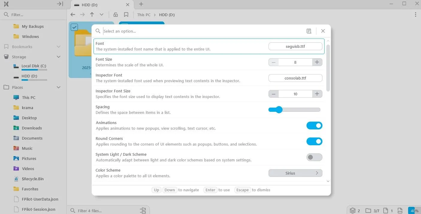 Cửa sổ tùy chọn cá nhân hóa sâu rộng của ứng dụng File Pilot.