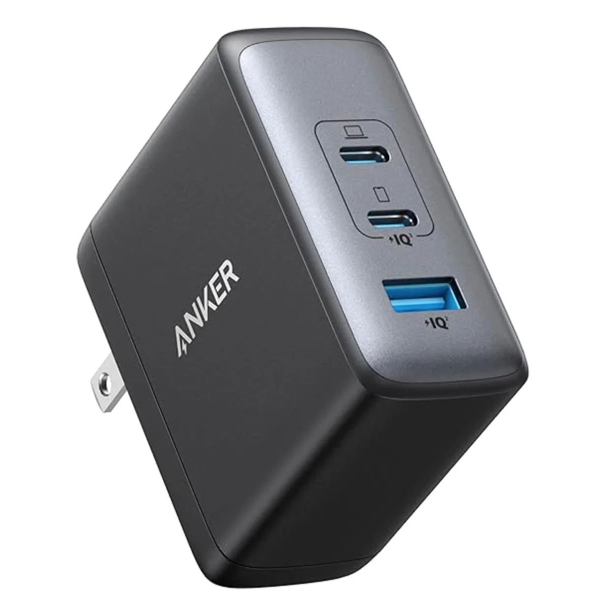 Cục sạc tường Anker 100W GaN II với ba cổng USB-C, màu đen, nhỏ gọn và mạnh mẽ