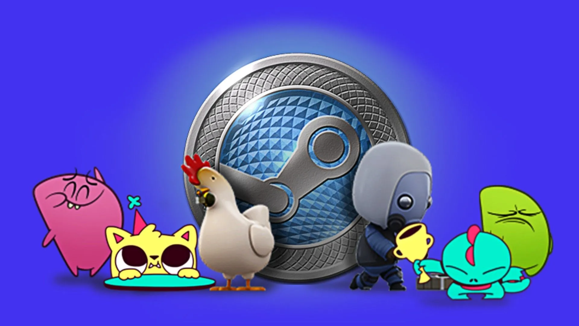 Đa dạng các nhân vật và sinh vật cạnh logo Steam có biểu tượng cân, minh họa hệ thống điểm thưởng Steam Points
