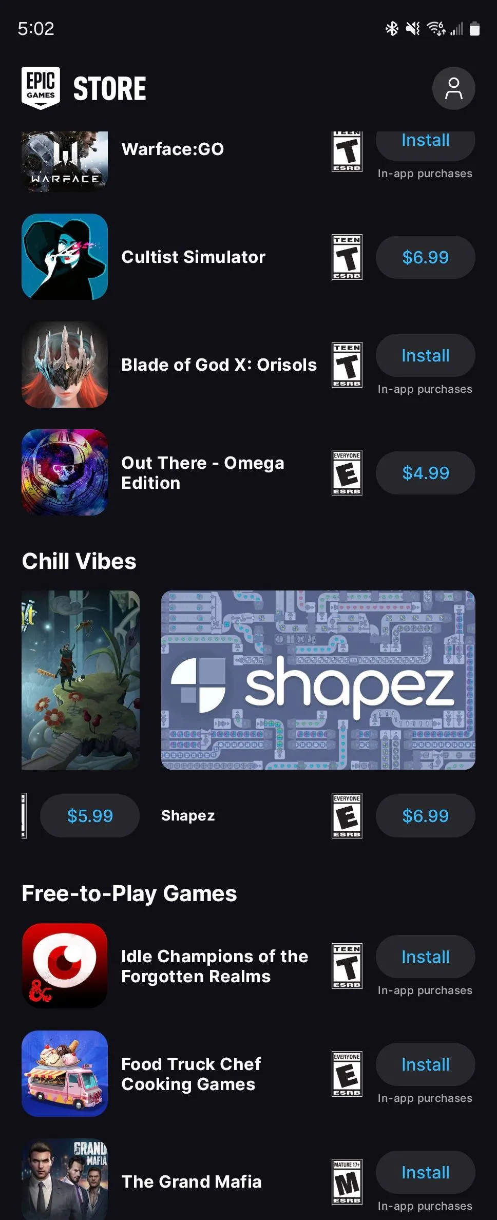 Danh sách các game được tuyển chọn kỹ lưỡng trên Epic Games Store Android.