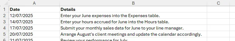 Danh sách các ngày hạn chót và nhiệm vụ cho mỗi hạn chót trong Excel