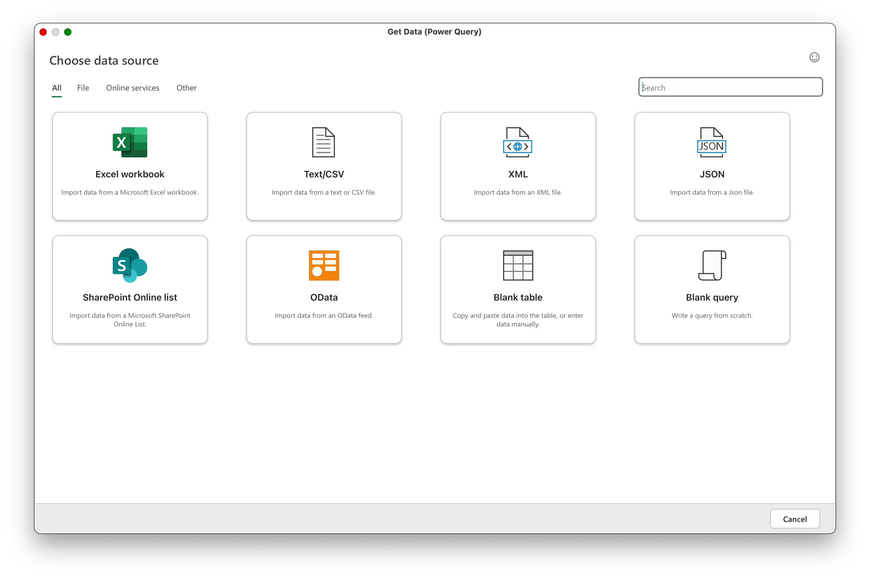 Danh sách các nguồn dữ liệu có thể kết nối thông qua Power Query trong Excel Desktop, minh họa khả năng thu thập dữ liệu đa dạng.