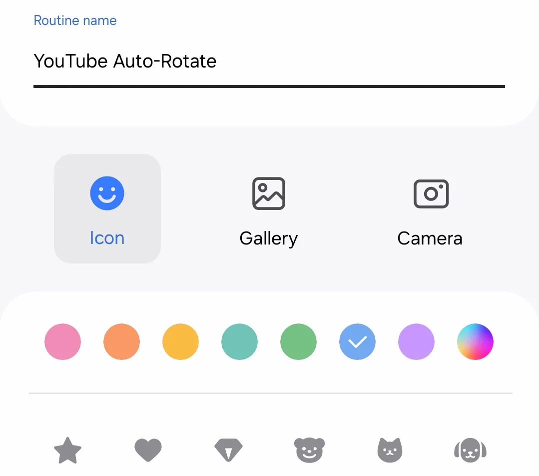 Đặt tên và tùy chỉnh biểu tượng, màu sắc cho quy trình mới &quot;YouTube Auto-Rotate&quot;
