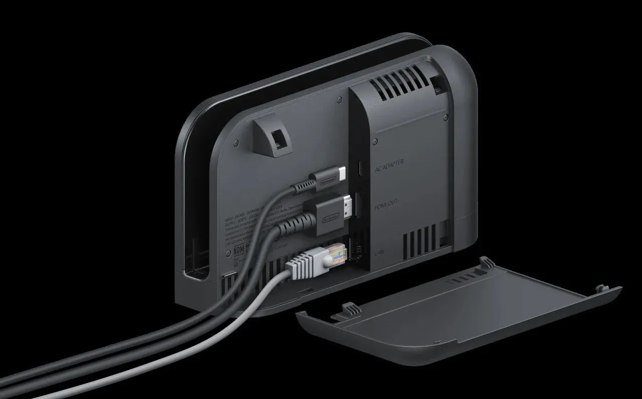 Đế sạc (dock) của Nintendo Switch 2 với thiết kế mới, tích hợp quạt tản nhiệt để duy trì hiệu suất.