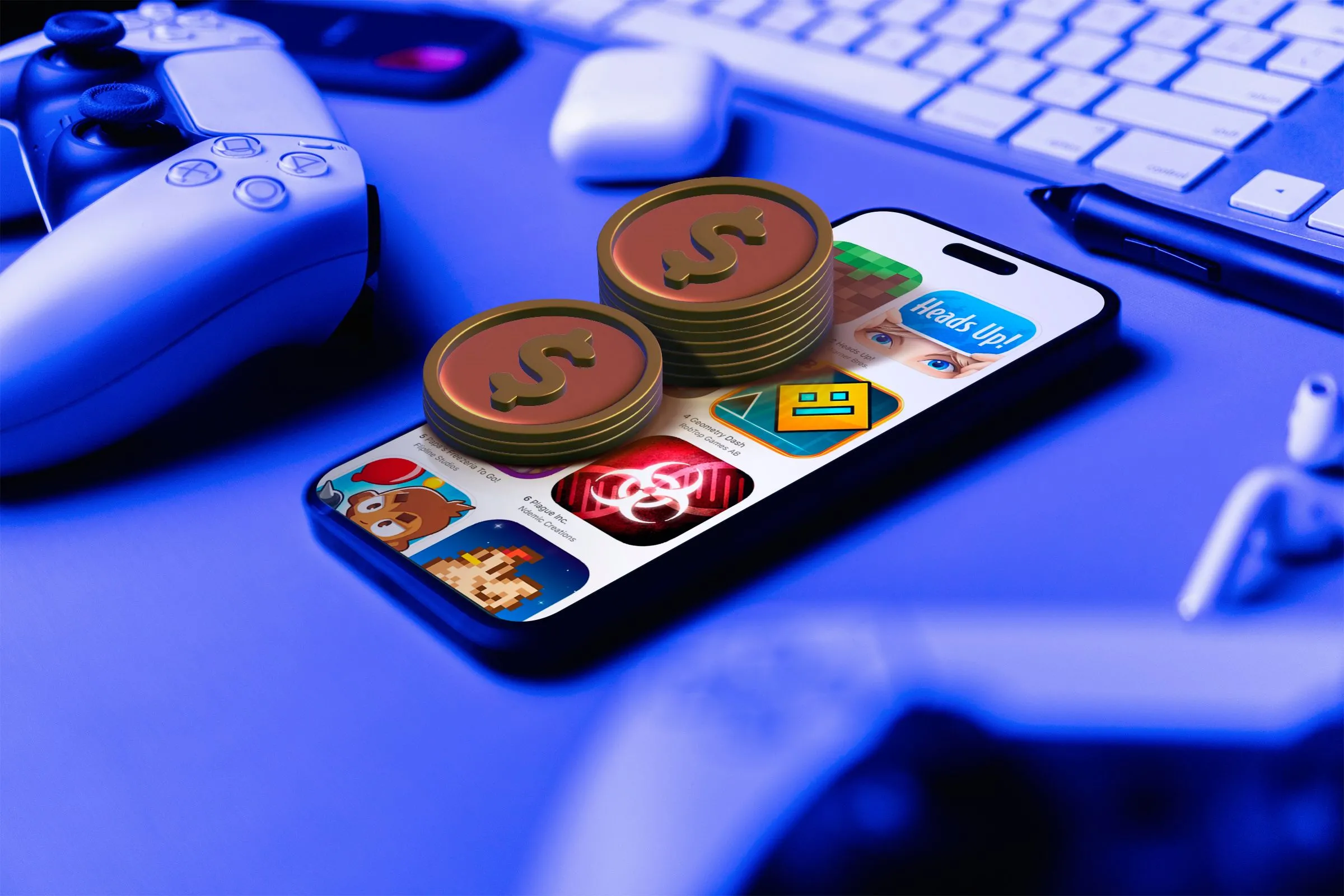 Điện thoại chơi game di động cùng tay cầm và tiền xu, biểu tượng cho chi phí game