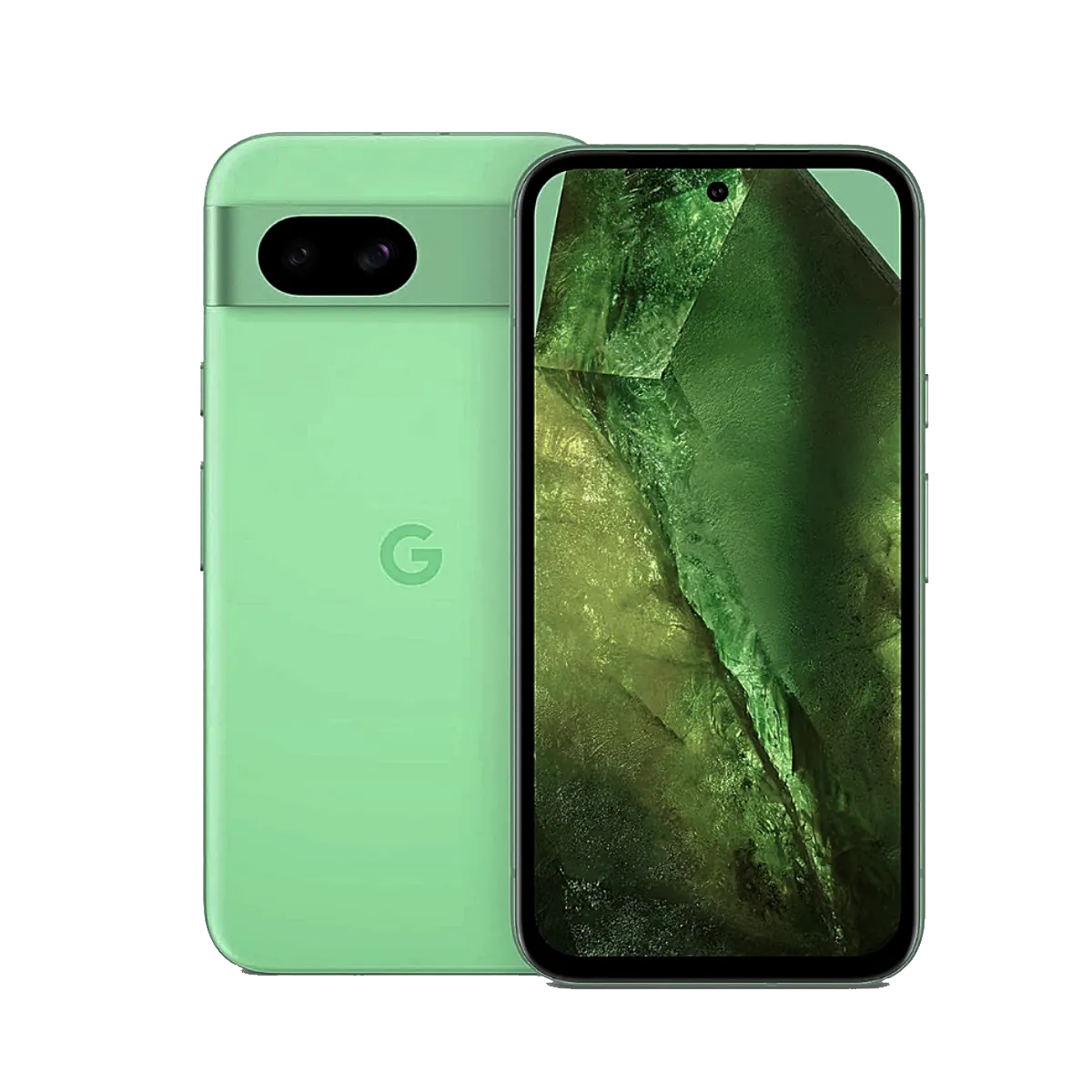 Điện thoại Google Pixel 8a màu xanh lá trên nền trắng