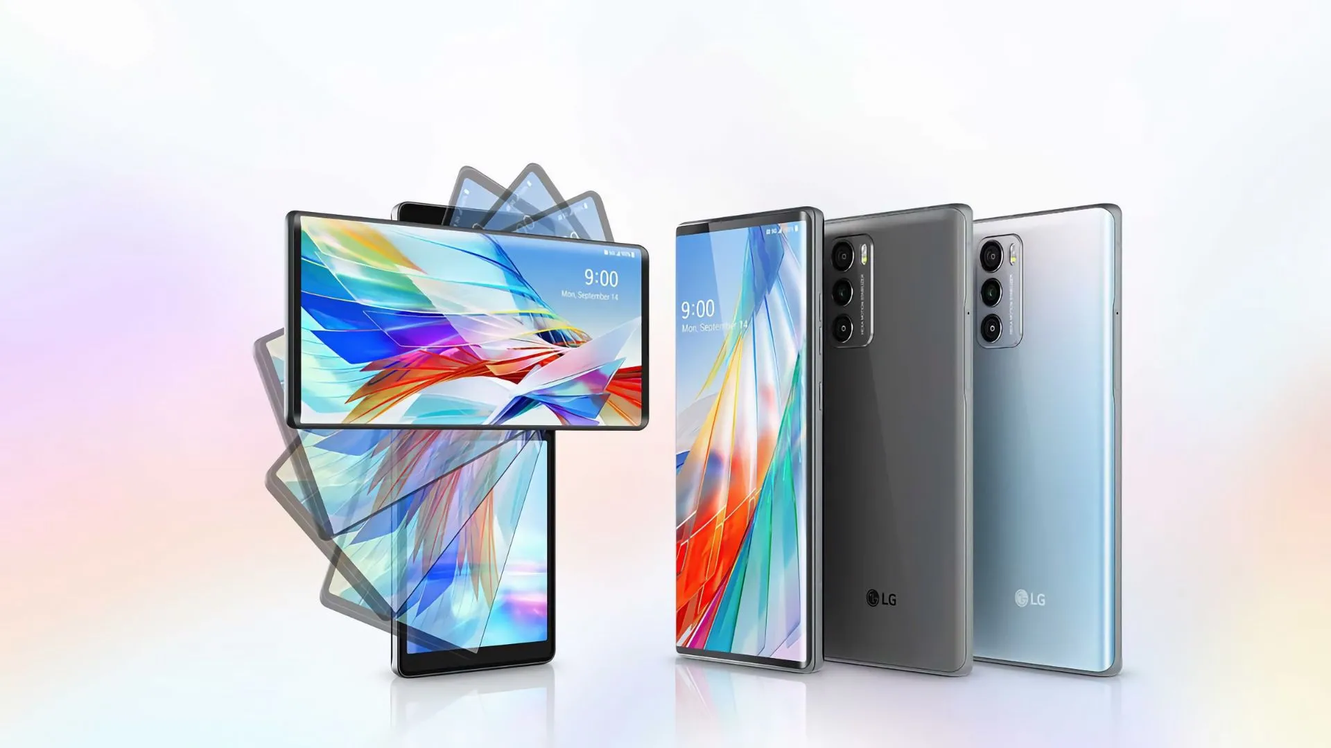 Điện thoại LG Wing với màn hình chính và màn hình phụ xoay tạo thành hình chữ T, hiển thị giao diện người dùng độc đáo.