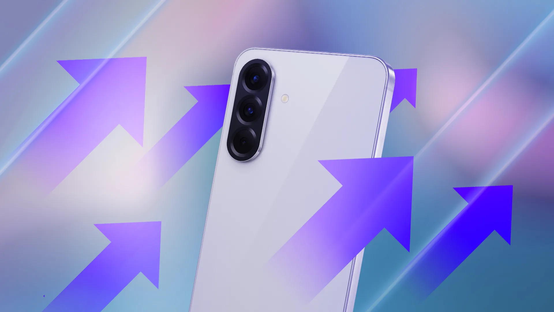 Điện thoại Samsung Galaxy A56 hiển thị các mũi tên hướng lên, tượng trưng cho hiệu suất được cải thiện.